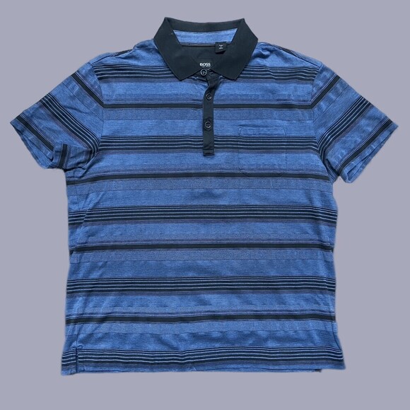 Hugo Boss Regular Fit Striped Blue Black Polo Shirt Cotton Blend Mens Size Small - Picture 1 of 9
